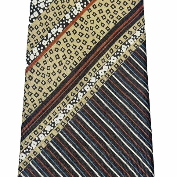 VINTAGE Yves Saint Laurent YSL Brown Tan Multi Pattern Satin Silk Necktie Tie - Picture 5 of 7
